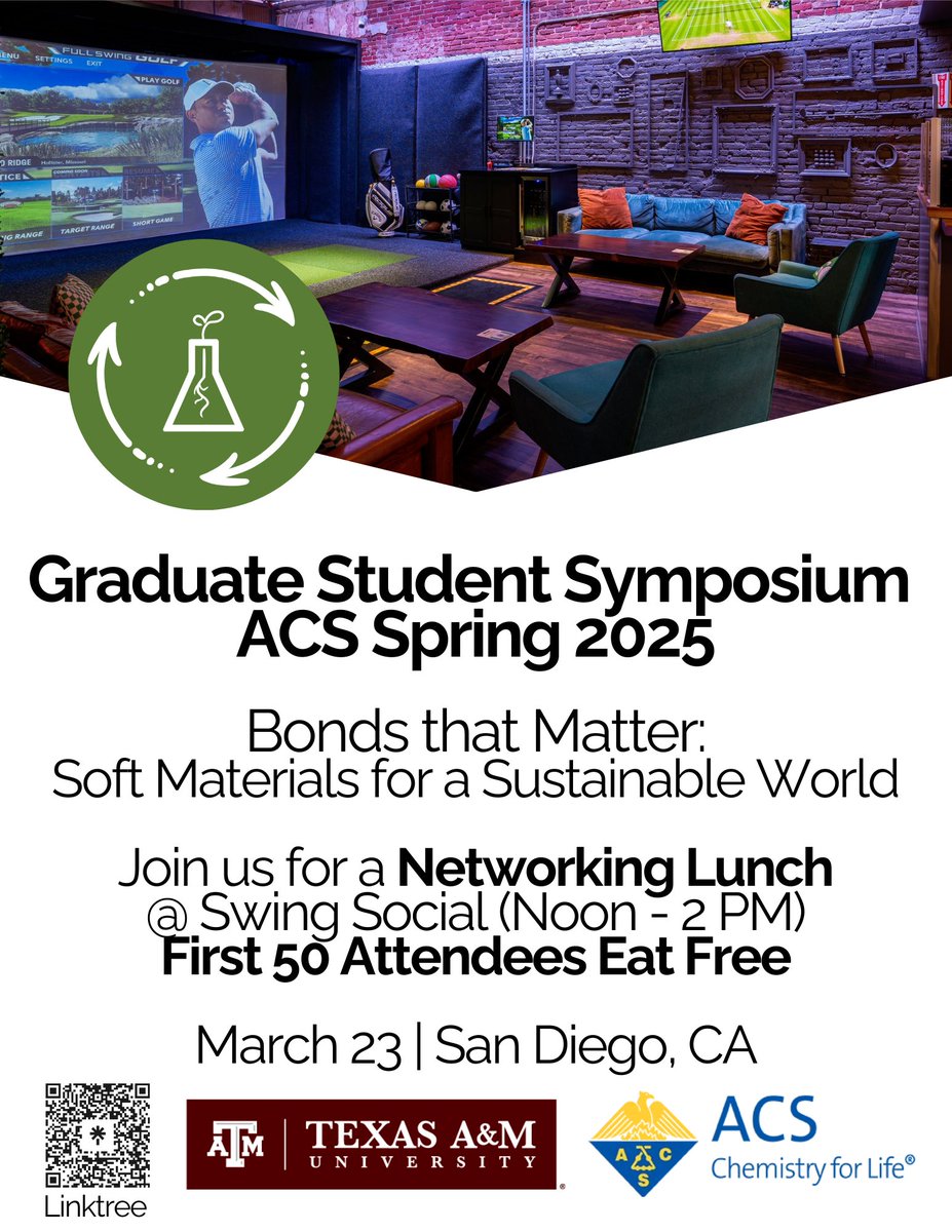 tamugsspc's tweet image. Join us for a networking lunch to connect with like-minded professionals, industry leaders, and students interested in sustainable soft materials!
On Sunday, March 23, we will be meeting at Swing Social from noon - 2 PM PDT! We hope to see you there! #acs #gsspc #sustainability