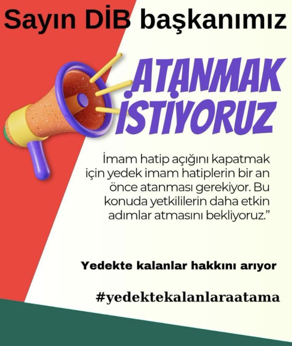 Diyanet camiasına yıllarını vermiş, sınavlarını başarıyla geçmiş imam adaylarının mağduriyetinin giderilmesi lazım. Puanını almış yedekte bekleyenler bir an önce atansın.
#DibYedekMağdurları <a href="/ozanozturk_tr/">OZAN ÖZTÜRK</a>