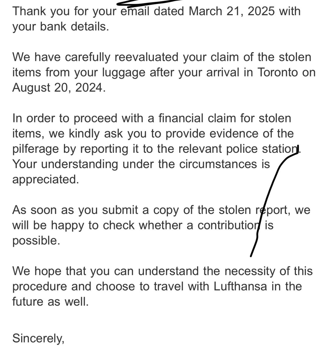 AkuaManuela's tweet photo. @JensRitter_JR  Lufthansa asked me to submit my banking info for a refund after destroying my baggage, only to now demand a police report 7 MONTHS later. I never claimed theft—my bag was delayed, arrived destroyed and opened, and items were missing. I’m tired. #Lufthansa https://t.co/O5OsRR8TgW