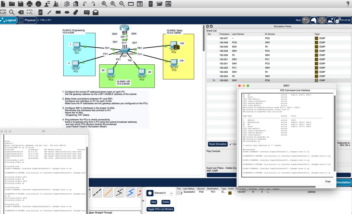 Maver1xck's tweet photo. Friday's are for CCNA, What did i learn today?
Inter-Vlan Routing in ROAS architecture. Applying handson skill in configuring switch trunk configurations and Router Sub Interfaces. 
#JeremyITlab #CCNA https://t.co/qgHHfP6qY1
