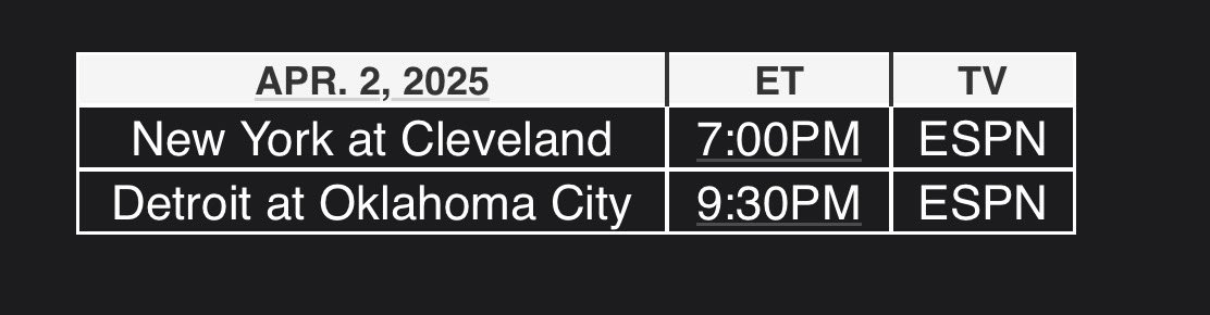 E_Woodyard's tweet photo. The Detroit Pistons at Oklahoma City Thunder game will now be televised by @espn and will change game time to 9:30 PM ET. on April 2nd. https://t.co/SW7qhMlZpG