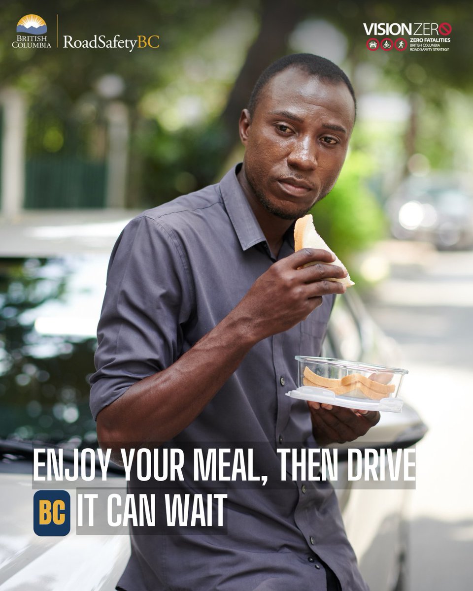 RoadSafetyBC's tweet photo. Hungry? Pull over. One spilled coffee or dropped fry can cost you control—and a trip to the ER. Park, eat, then drive.
#ItCanWaitBC https://t.co/Jg9iDgiwIq