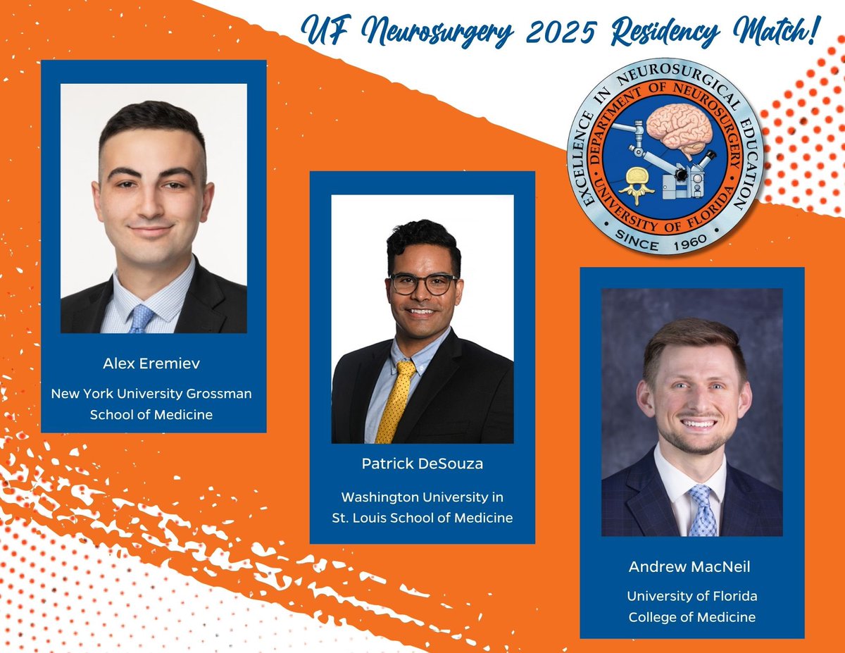 Welcome Alex Eremiev (NYU), Patrick DeSouza (Wash U), and Andrew MacNeil (UF) who matched with us at UF Neurosurgery! Go Gators!!