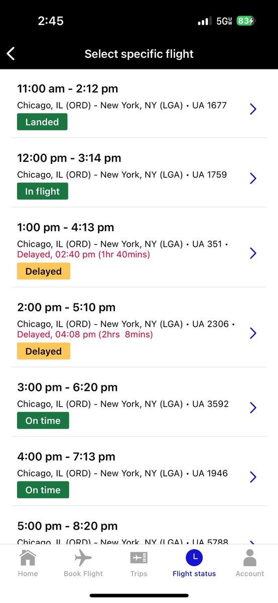 KevinMakey41's tweet photo. @united Why is my 2:00 flight still delayed due to air traffic but the 3:00 and 4:00 flights leaving ORD and landing at LGA are on-time?   Makes me assume that the air traffic reasoning is invalid. https://t.co/RP6xzQDKiz