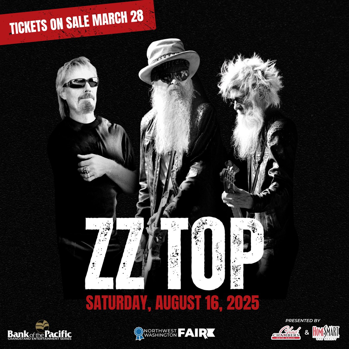 📣<a href="/ZZTop/">ZZ Top</a> joins the Bank of the Pacific Grandstand Entertainment Series at the #nwwafair Aug. 16, 2025, at 7 PM. Tickets go on sale March 28 at 9 AM PST. Sign up for the March 26 pre-sale here ➡️nwwafair.com/updates. Presented by Chad Chambers Auto Sales &amp; HomeSmart One Realty