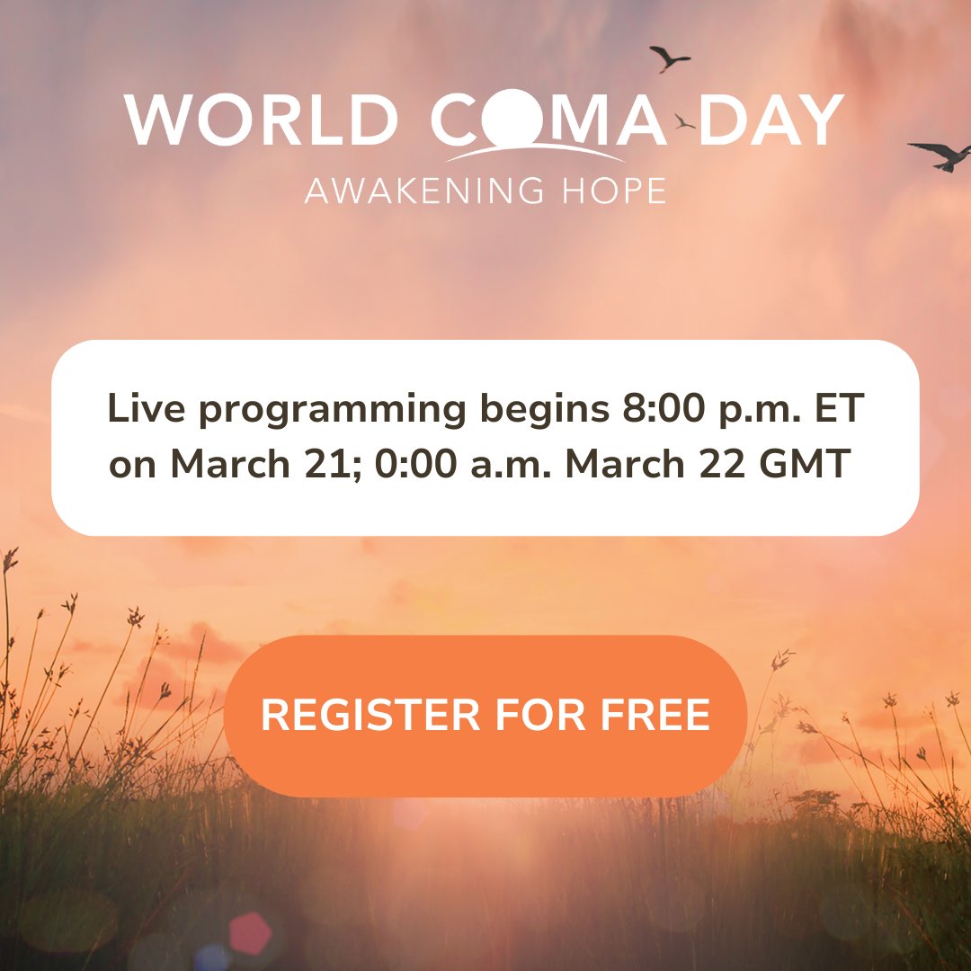 CuringComa's tweet image. Get ready to awaken hope with us — World Coma Day begins in just a few hours! Are you planning on tuning into the live programming or accessing our on-demand educational videos and shorts? Register for free now to attend: bit.ly/3EZAFDJ #WorldComaDay