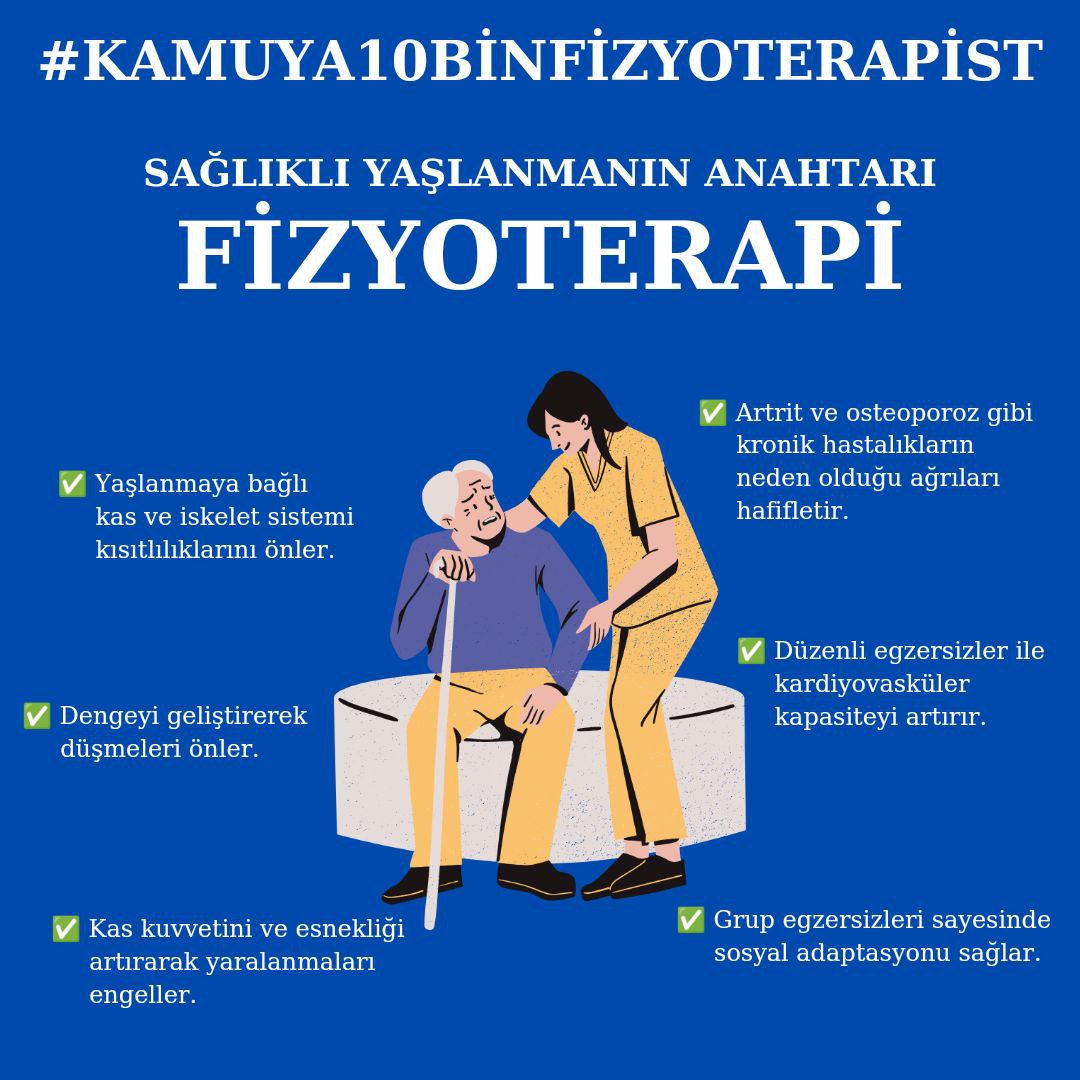 📢📢Her yaşlı birey, güvenle hareket edebilmeyi hak eder.Fizik tedavi, yaşlılarda dengeyi geliştirir, düşme riskini azaltır, kemik ve kas sağlığını korur.Yaşlı bireylerin sağlığı için fizyoterapist atamaları artırılmalıdır.

💠“Yaşlılarda kırık ve sakatlıkların en büyük sebebi