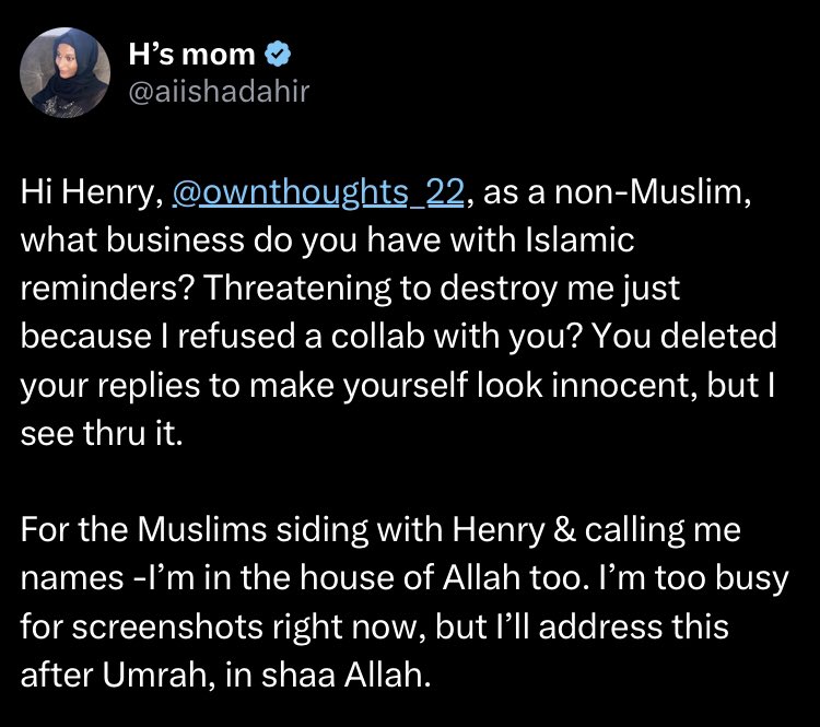 THE FINAL REPLY TO SIS AIISHA (The gatekeeper)  🧵 

First of all, I am muslim Alhamdulillah and I am Hafiz e Quran.

Second my name is not Henry. the screenshot you shared of Henry is not mine.