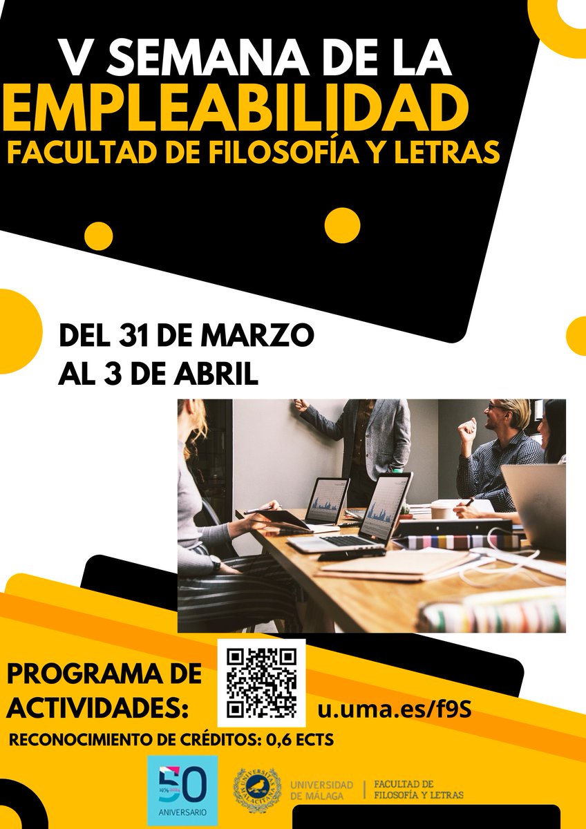 V Semana de la Empleabilidad de <a href="/LetrasUma/">Filosofía y Letras</a>
Actividad gratuita con reconocimiento de créditos. 
Programa de actividades: u.uma.es/f9S
Inscripciones en u.uma.es/f9J/
<a href="/phylosgou/">φίλοσγοϋ</a> @ConsejoEFFYL <a href="/Talentank/">Talent Tank</a> <a href="/vestudiantesUMA/">Vicerrectorado de Estudiantes y Empleabilidad UMA</a>
#10FeriaEmpleoUMA