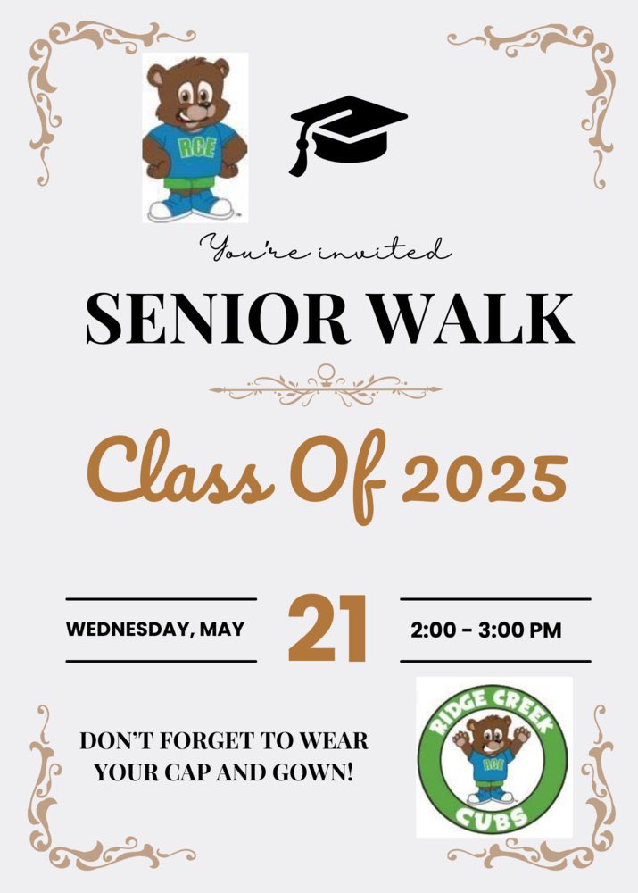 2025 Seniors that attended RCE, COME ON DOWN! 💚💙 We invite you to our Senior Walk. 🐾 5/21/25 from 2:00pm - 3:00pm. Don’t forget to wear your cap &amp; gown! 🎓 Please RSVP on our website. #TeamRCE #MyRCE #AllinAtRCE