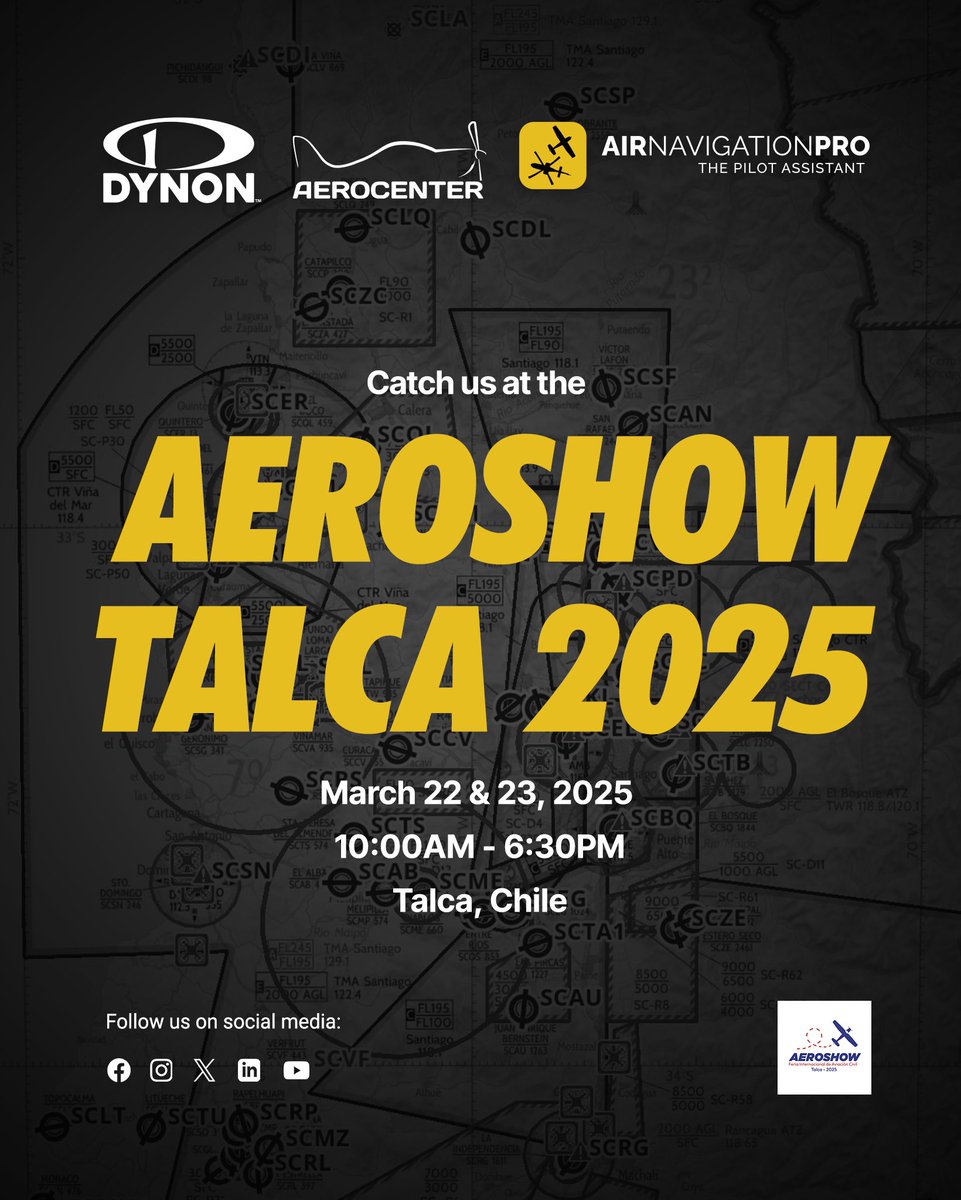 AirNavPro's tweet image. We are teaming up with @dynonavionics and @aerocenterchile for Aeroshow Talca 2025 🇨🇱 Meet us at the main pilot lounge to talk all things aviation, explore cutting-edge technology and experience two days of spectacular aerial displays. See you there!