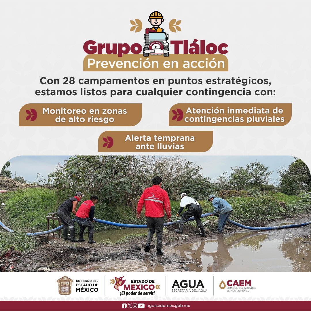 CAEM_EDOMEX's tweet photo. ✅⛈️ Nuestros 28 campamentos operativos garantizan una respuesta rápida y eficiente.

La CAEM supervisa las zonas propensas a inundaciones y la infraestructura hidráulica para detectar riesgos.
#PrevenirEsPoder https://t.co/d9U6lFUbXk