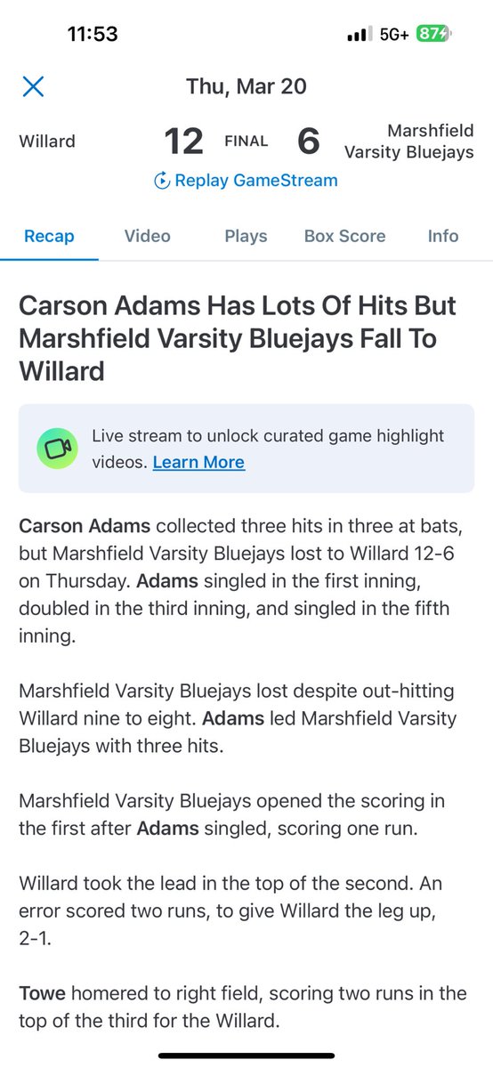 Opened the season 3-3 with a RBI, 2 runs, and a walk against a good Willard team. Looking forward to 3 Kansas City games this weekend! <a href="/NickHerrinBSB/">Nick Herrin</a> <a href="/NickHerrinsAs/">Inevitable A’s</a> <a href="/LamprosLuke/">Luke Lampros</a> <a href="/DennisSimpson_/">Dennis Simpson</a> <a href="/MarshfieldActi1/">Marshfield Athletics</a>