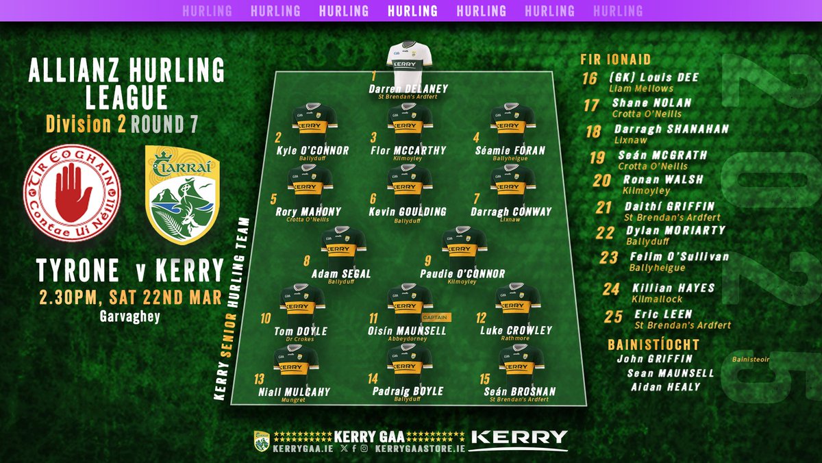 Team Announcement: Kerry vs Tyrone - Allianz Hurling League, Roinn 2, Round 7

Full team news here: kerrygaa.ie/2025/03/team-a…

#WeAreKerry #CiarraíAbú