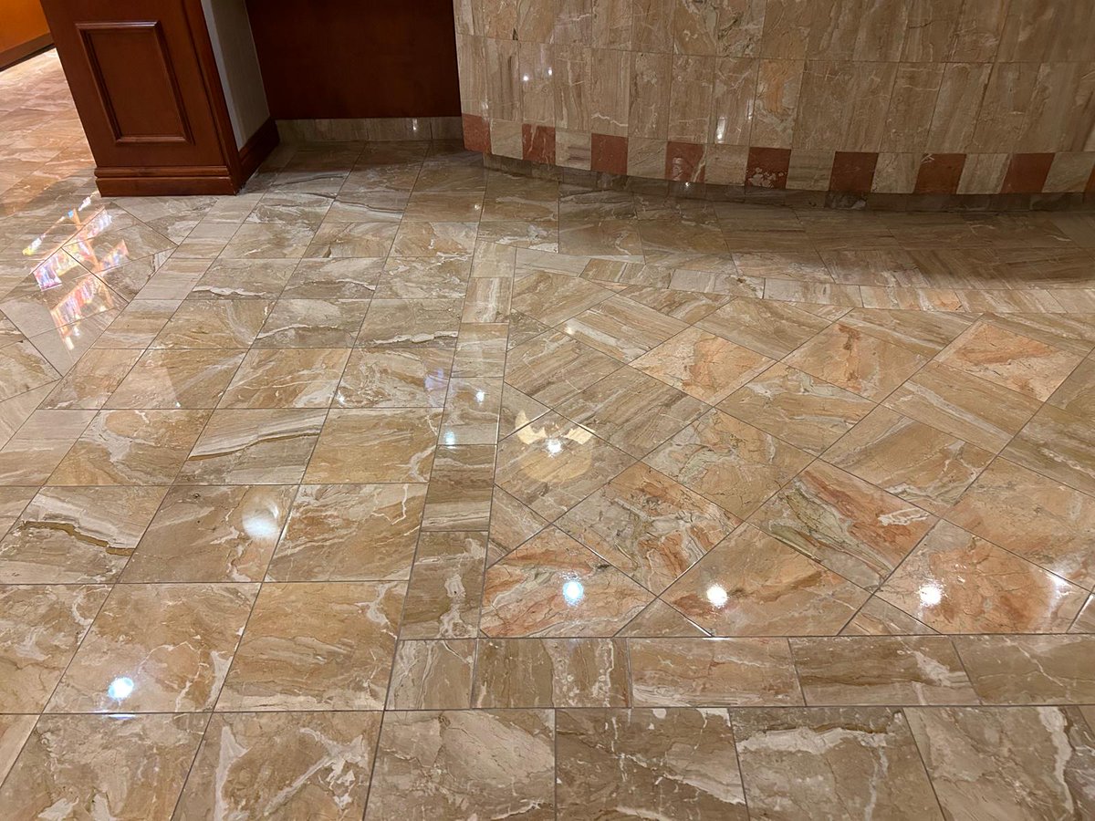 RoseRestoration's tweet photo. This marble floor isn’t just a surface, it’s a statement. From dull to dazzling, we’ve restored its natural elegance, bringing out that mirror-like shine and rich, intricate veining. Every step deserves to be taken on perfection.

#StoneRestoration #MarblePolishing https://t.co/7i5iU88F2k