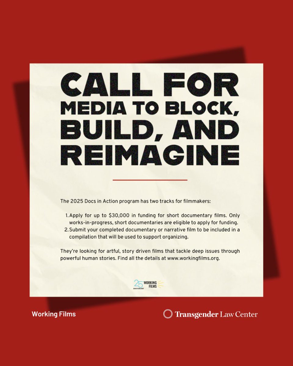 TransgenderLawCenter (@translawcenter) on Twitter photo 🎥 Call for Media to build the world we want, not just surviving the one we have! Applications are now open for <a href="/WorkingFilms/">Working Films</a> #DocsinAction until April 21st! Learn more: workingfilms.org/2025-call-for-…. 🎥 Call for Media to build the world we want, not just surviving the one we have! Applications are now open for <a href="/WorkingFilms/">Working Films</a> #DocsinAction until April 21st! Learn more: workingfilms.org/2025-call-for-….