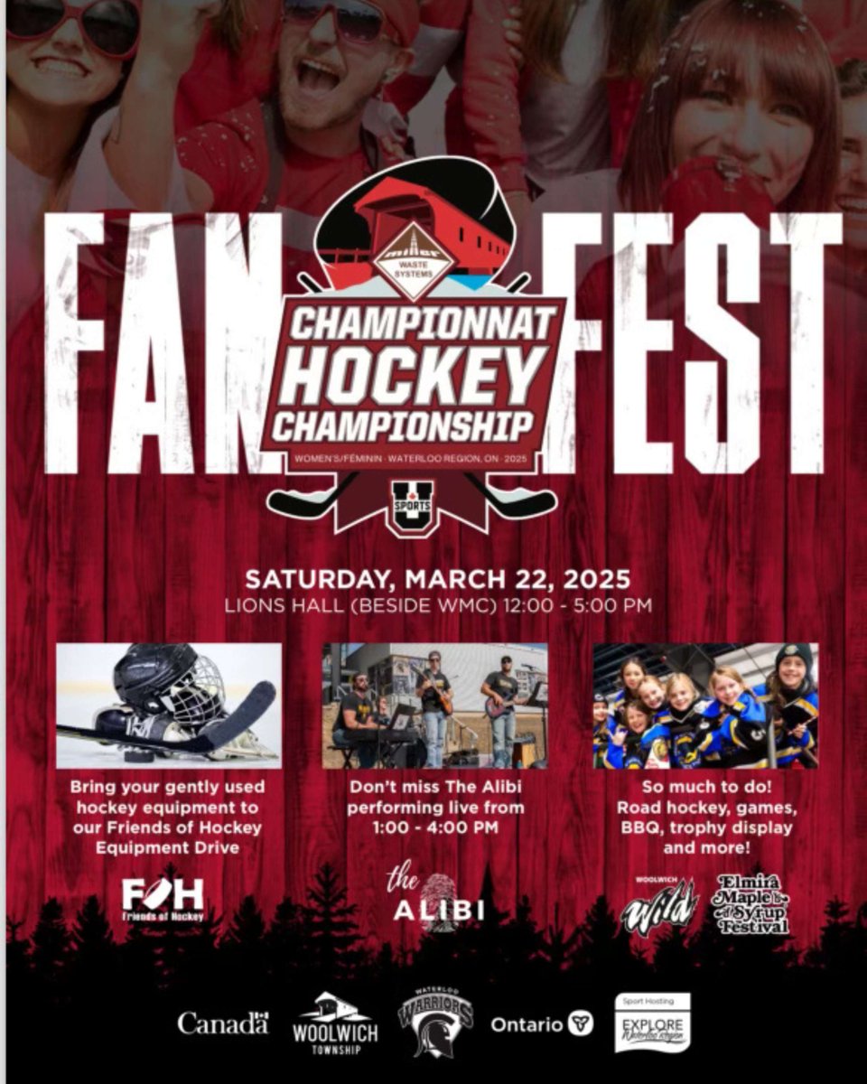 Come out and celebrate Women's Hockey in Waterloo Region!  FANFEST at the Women's UHockey Championships. Saturday,  12 - 5 pm at the Lion's Hall beside the WMC.