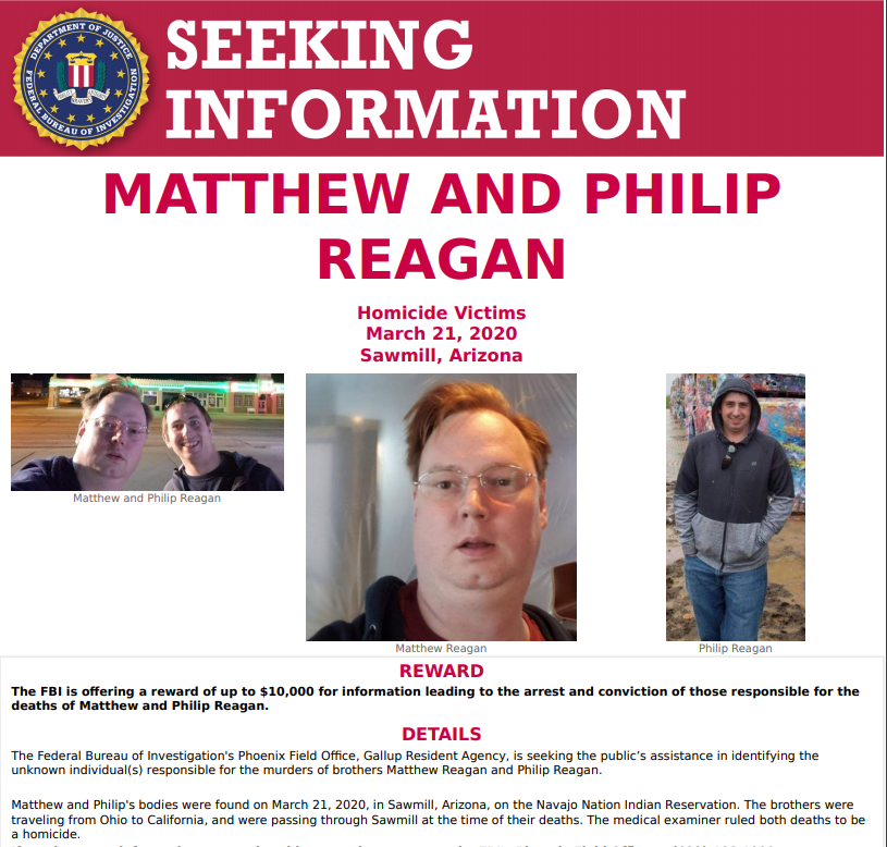 FBIPhoenix's tweet photo. #OTD Five years ago, Matthew and Philip Reagan's bodies were found in Sawmill, AZ. The #FBI continues to offer a reward of up to $10,000 for information.
If you have any info concerning this case, please contact #FBIPhoenix at (623) 466-1999.
https://t.co/A2U5fiM8e4 https://t.co/wWAhQUv2Ca