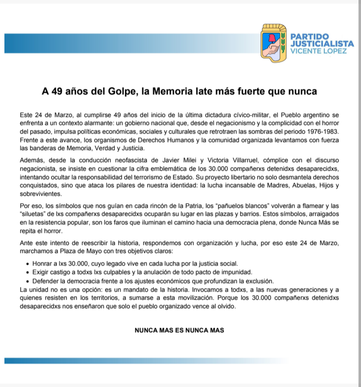 A 49 años del golpe, la Memoria late más fuerte que nunca.

Nos vemos este 24 de Marzo en la Plaza ✌🏽🤍