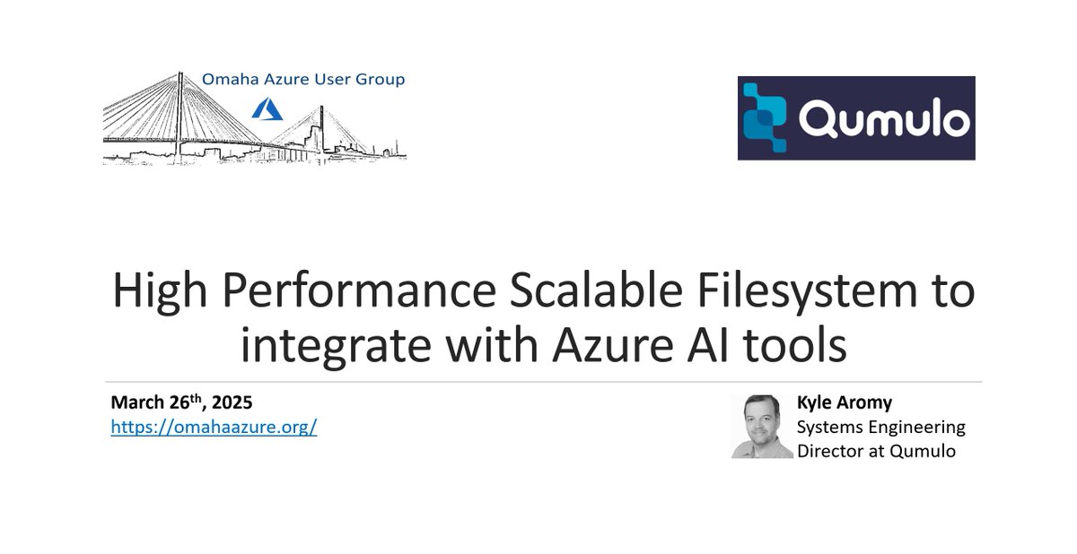 Our next meeting will take place on 3/26 at 6 PM CT.  Kyle Aromy will be our guest speaker to discuss high-performance scalable Filesystem to integrate with Azure AI tools. @Qumulo will sponsor the meeting.
We look forward to seeing you there! More info: omahaazure.org/omaha-azure-us…