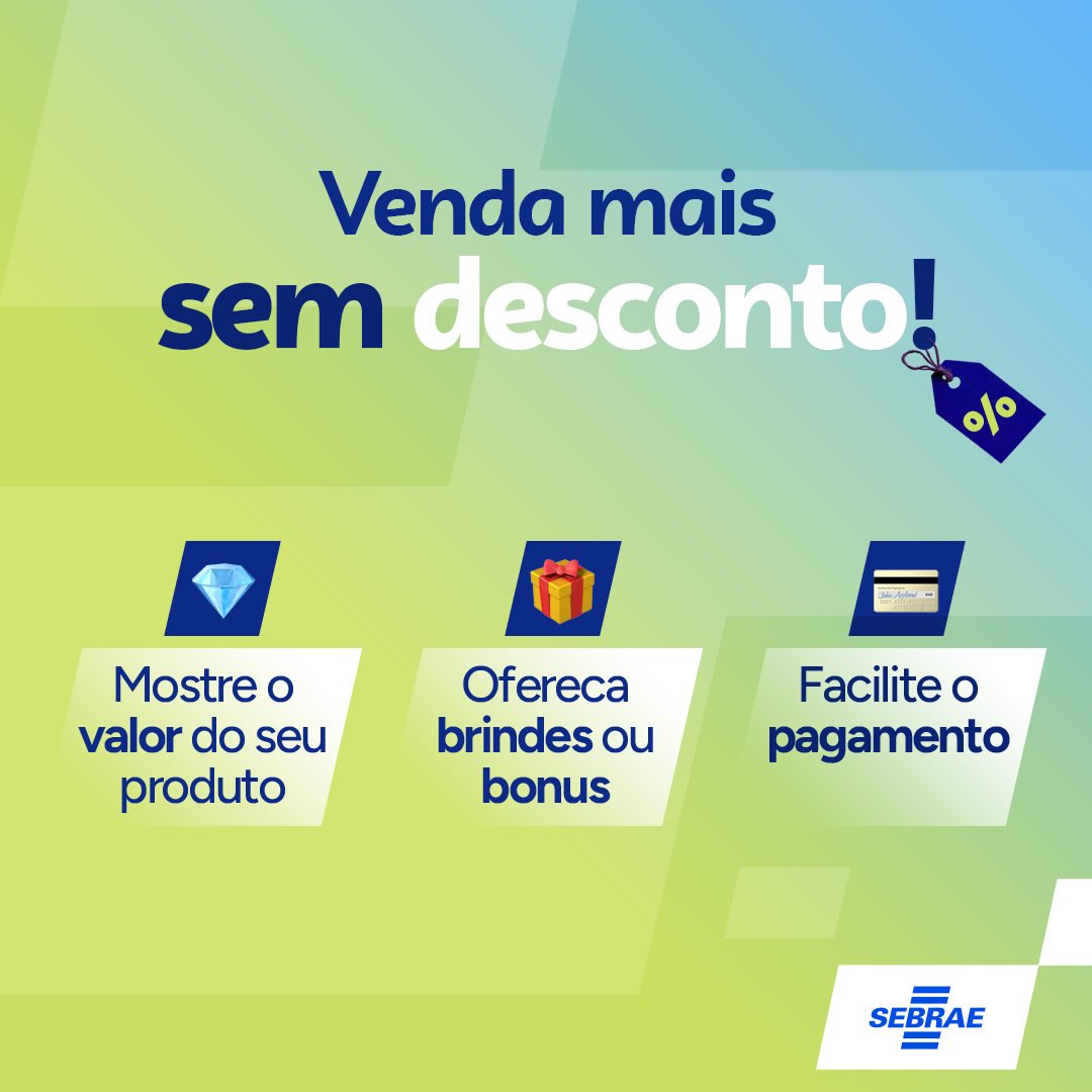 📌 Quer vender mais sem dar desconto? Aqui vão 3 estratégias!
Afinal, um negócio de sucesso tem lucro alto e cliente satisfeito! 🚀

#SebraePB #Dicas #Vendas