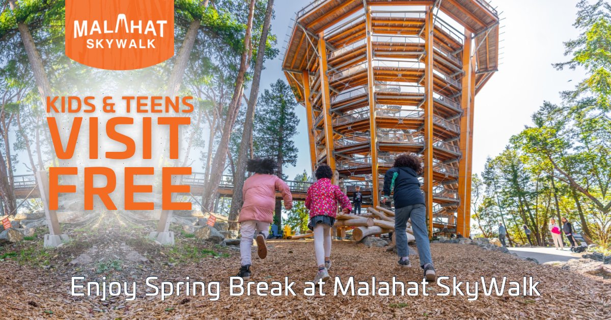 Spring Break = Free Family fun at the Malahat SkyWalk! 😍<a href="/MalahatSkywalk/">Malahat SkyWalk</a>

From March 15th–30th, kids and teens (17 &amp; under) visit Malahat SkyWalk FREE with every regular Adult or Senior ticket! 🙌

Buy tickets here: malahatskywalk.com/plan/spring-br…