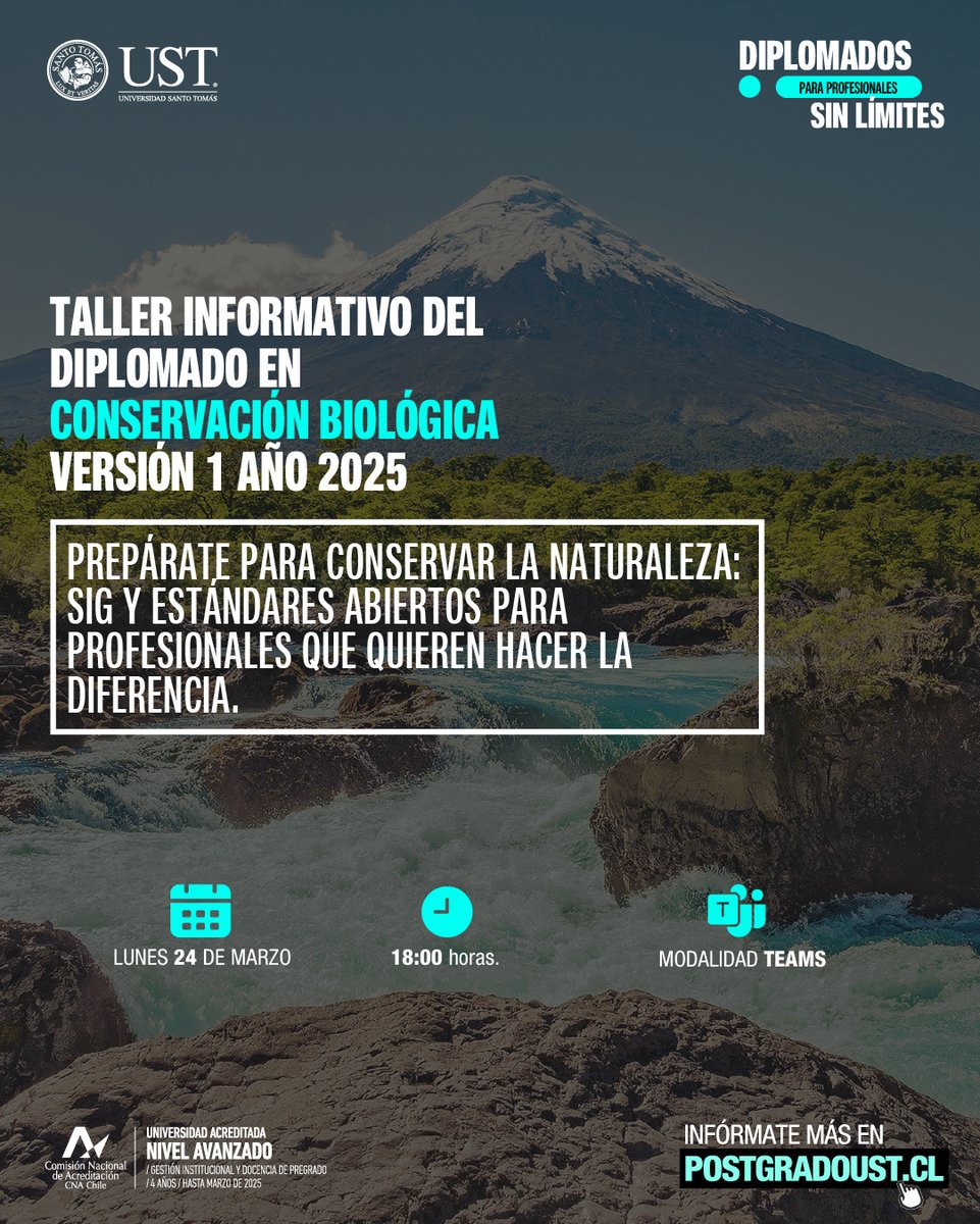 Charla promocional del Diplomado en Conservación Biológica 2025 titulada "Prepárate para conservar la naturaleza: SIG y estándares abiertos para profesionales que quieren hacer la diferencia", dictada por la Mg. Priscila Molina. 
Registrarse en:
forms.office.com/r/xTJGLZSta8?o…