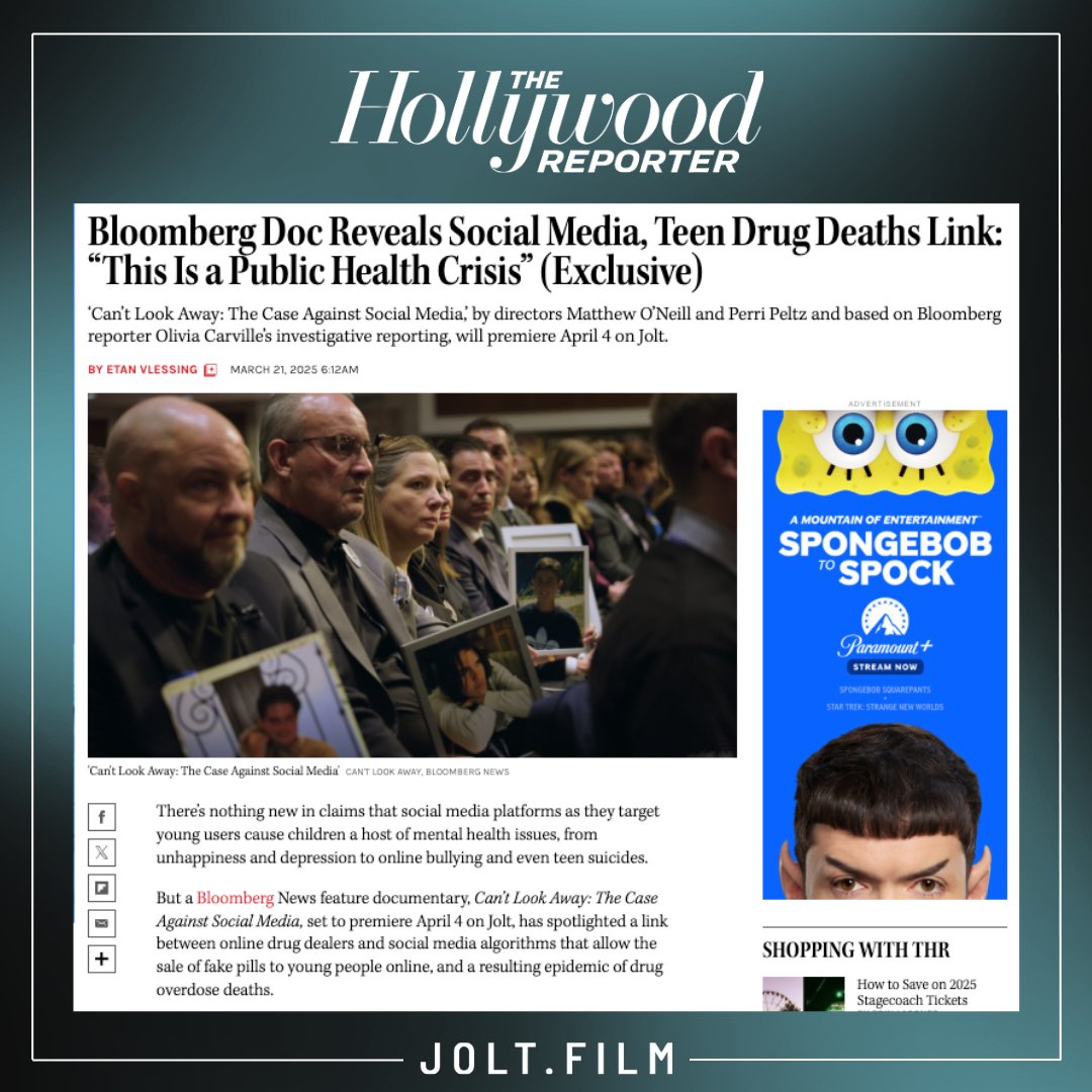 Jolt.film (@joltfilm) on Twitter photo Coming Soon: CAN'T LOOK AWAY: THE CASE AGAINST SOCIAL MEDIA from <a href="/bbgoriginals/">Bloomberg Originals</a> is set to premiere April 4 on Jolt. Read more via <a href="/THR/">The Hollywood Reporter</a> âĄď¸ on.jolt.film/4bOJJaI Coming Soon: CAN'T LOOK AWAY: THE CASE AGAINST SOCIAL MEDIA from <a href="/bbgoriginals/">Bloomberg Originals</a> is set to premiere April 4 on Jolt. Read more via <a href="/THR/">The Hollywood Reporter</a> âĄď¸ on.jolt.film/4bOJJaI