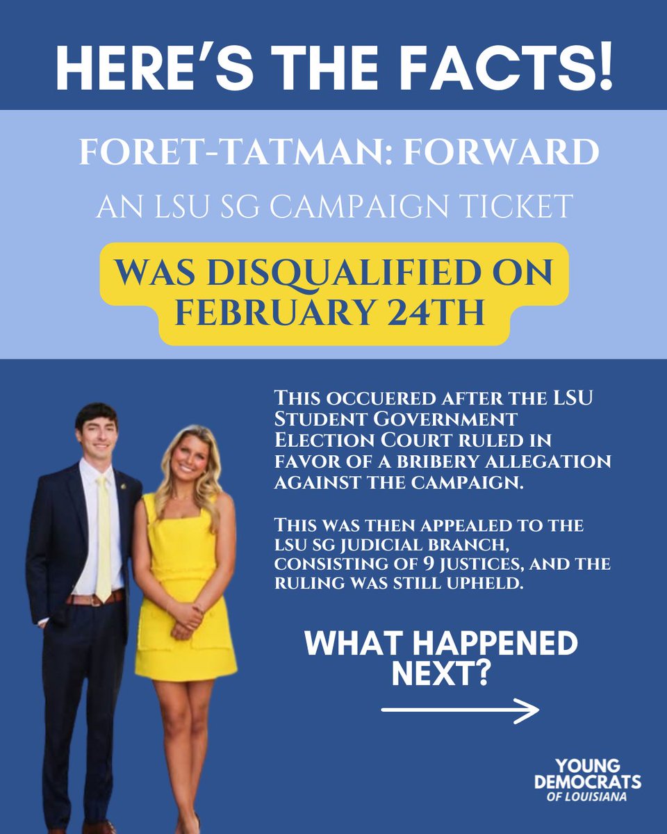 YDLouisiana's tweet photo. Republicans are challenging democratic proceedings at every level, EVEN STUDENT BODY ELECTIONS! Check out how three Republican Louisiana State Legislators just messed with an LSU Student Body Election by overturning a Student Court’s Decision! 

#LSU #LSUSG #Elections #LaLege https://t.co/IFKbDCs8zK
