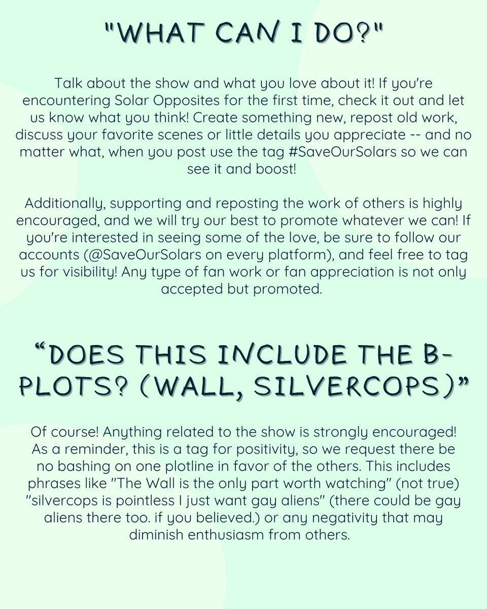 saveoursolars's tweet photo. Hello #solaropposites enjoyers! Here are some goals of the #SaveOurSolars tag and what we would like to encourage from the fans themselves. Be sure to share your love and appreciation for the work and dedication behind the show. We hope @hulu is aware of how much we care! https://t.co/mPzc3LgHAp