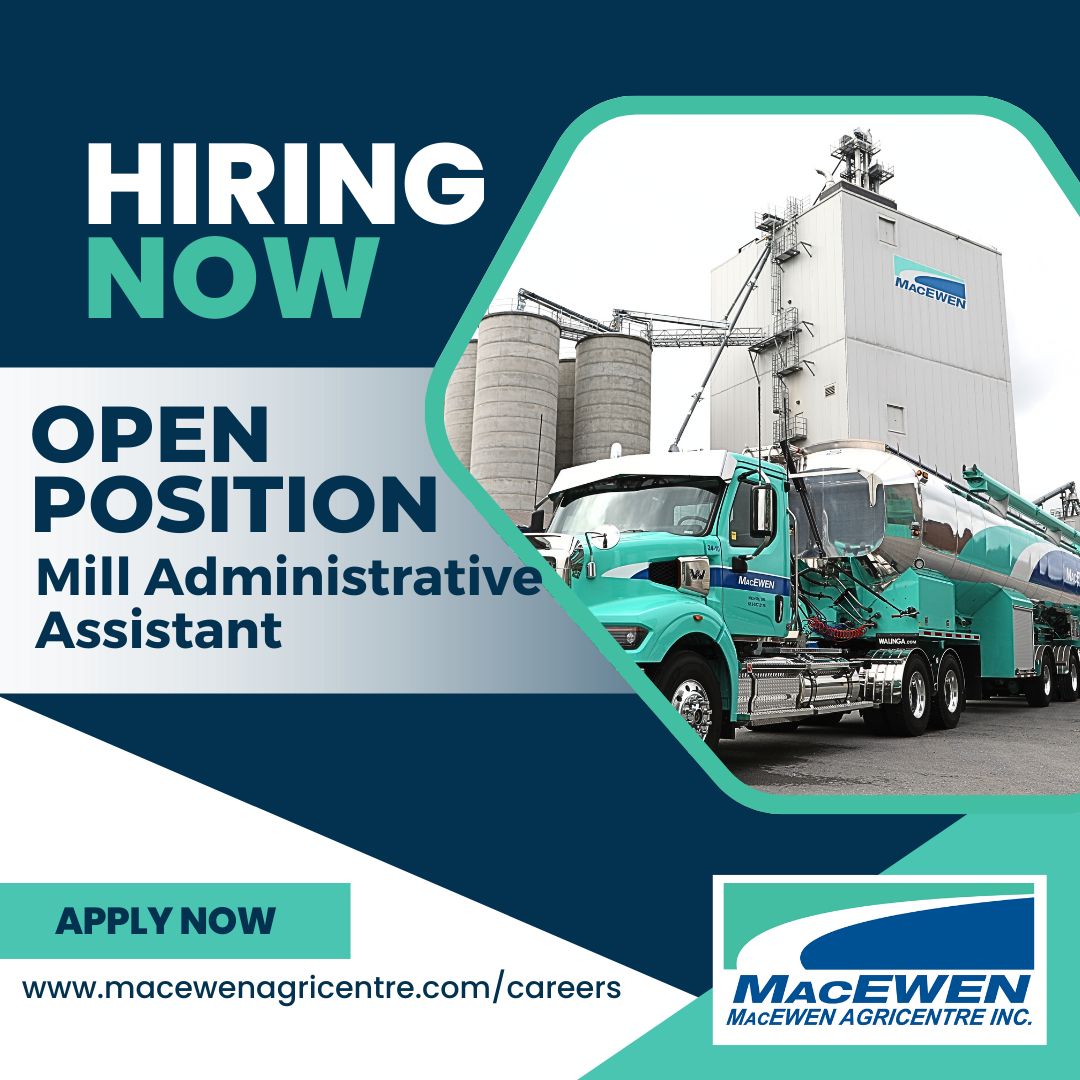 Join MacEwen Agricentre! Now hiring a Mill Administrative Assistant. Apply now at macewenagricentre.com/careers  #AgJobs #NowHiring #Agriculture 

Rejoignez l'équipe MacEwen Agricentre! Nous recrutons un Assistant administratif de l’usine. Postulez sur agricentremacewen.com/carrières