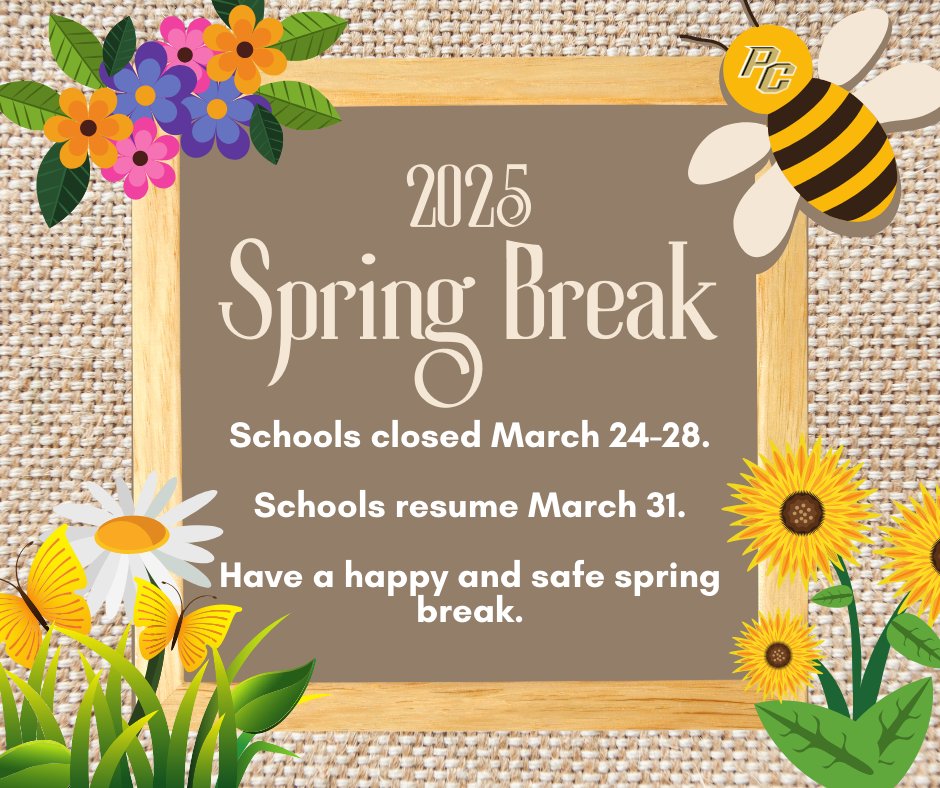 🌸 Spring Break is here! 🌞

Students are officially on break—time to relax and recharge! 🎉

📅 Reminder: Classes resume on Monday, March 31.

Enjoy, stay safe, and we’ll see you soon! #SpringBreak #PellCitySchools #SeeYouSoon