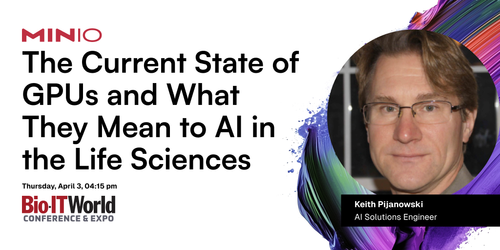 Join us as we showcase how MinIO’s high-performance, scalable object storage is transforming the life sciences and biotech industries at <a href="/bioitworld/">Bio-IT World</a> in Boston, MA from April 2 - 4, 2025. <a href="/keithpij/">Keith Pijanowski</a> will be taking the stage on Thursday, April 3rd at 4:15 PM to share insights on the