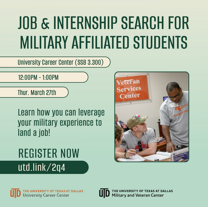 UTD Veterans! Do you need help in finding your new career? 

Join the <a href="/UTDCareerCenter/">University Career Center</a> for an exciting workshop and learn how you can leverage your military experience to land a job!  Register: utd.link/2q4 or scan QR code.

#utdallas #militarycommunity #jobsearch