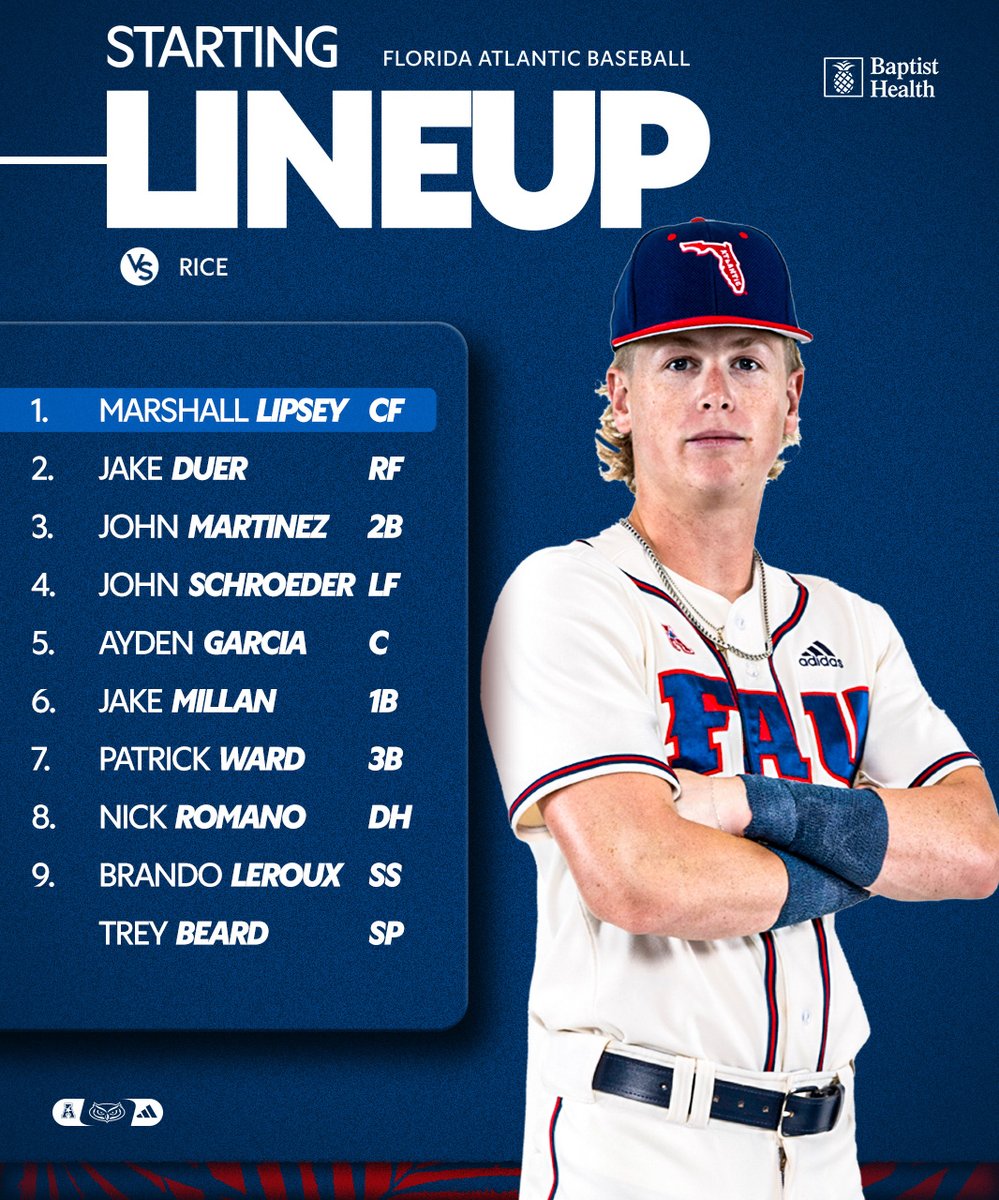 Florida Atlantic Baseball (@faubaseball) on Twitter photo The <a href="/BaptistHealthSF/">Baptist Health</a> starting lineup for the AAC opener... ⤵️
🆚 Rice
⏰ 6:35 p.m.
📺 ESPN+ tinyurl.com/WatchRice3-21
📈 tinyurl.com/RiceStats3-21 The <a href="/BaptistHealthSF/">Baptist Health</a> starting lineup for the AAC opener... ⤵️
🆚 Rice
⏰ 6:35 p.m.
📺 ESPN+ tinyurl.com/WatchRice3-21
📈 tinyurl.com/RiceStats3-21