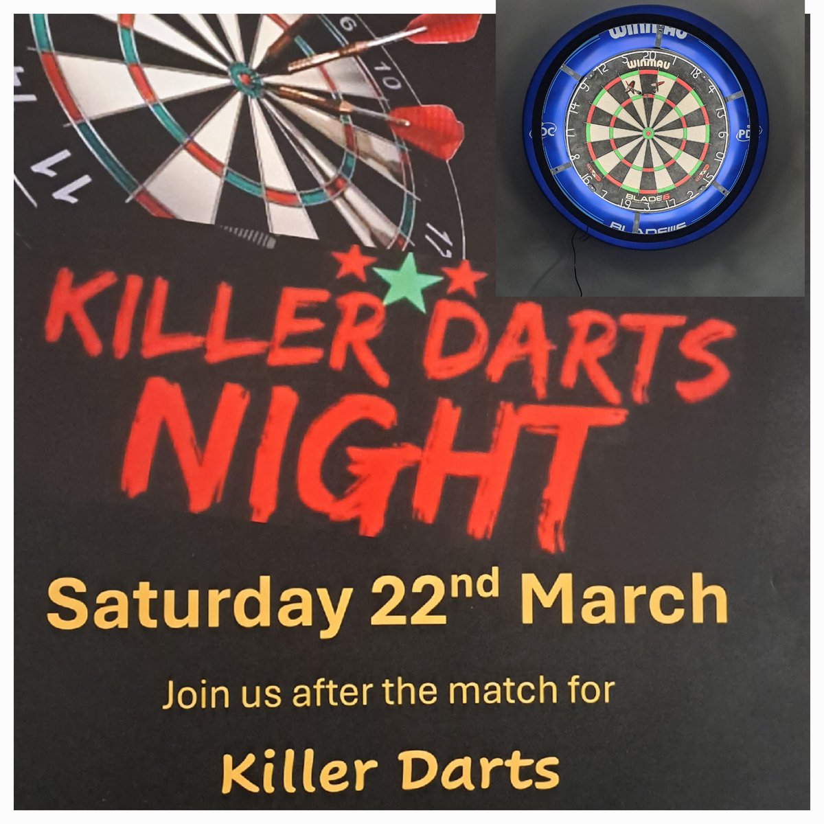 Our opposition have withdrawn tomorrow so we have set up an in house friendly at 2pm followed by killer darts.