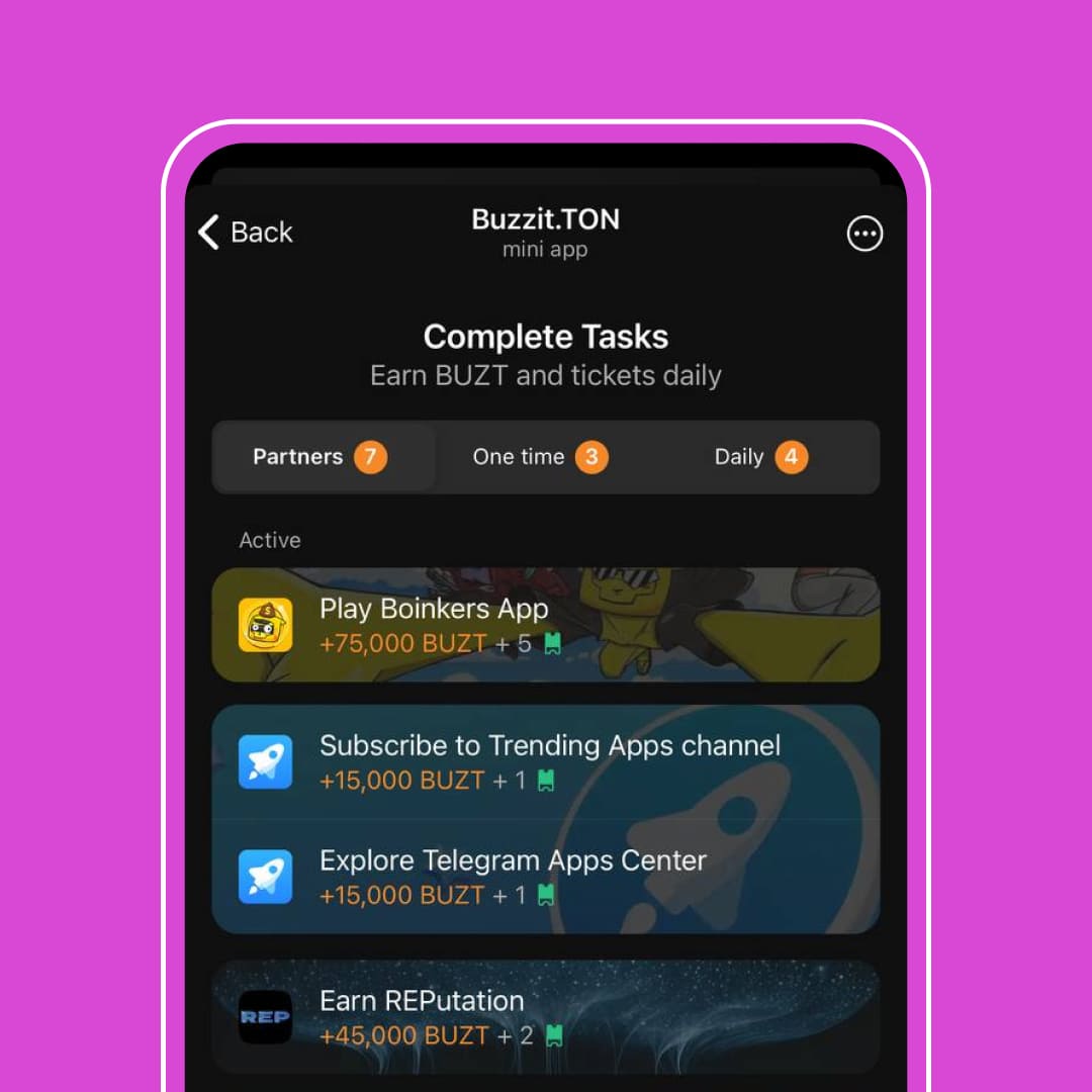 BUZZERS!
– Partner task rewards are TRIPLED for a LIMITED TIME!
– 3x rewards = more $BZT + better chances to win TON! t.me/buzzit1_bot/bu…