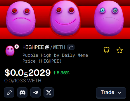 purpleHighP's tweet photo. $HIGHPEE is now verified on @GeckoTerminal! 

Check out what we're cooking with #HIGHPEE meme coin on @AbstractChain and hop on if you wanna be early to all the goodies 

And don't forget the bounding curve over at @dailymemecorp

https://t.co/iBuz8768Ap https://t.co/SBQpZO9kHe