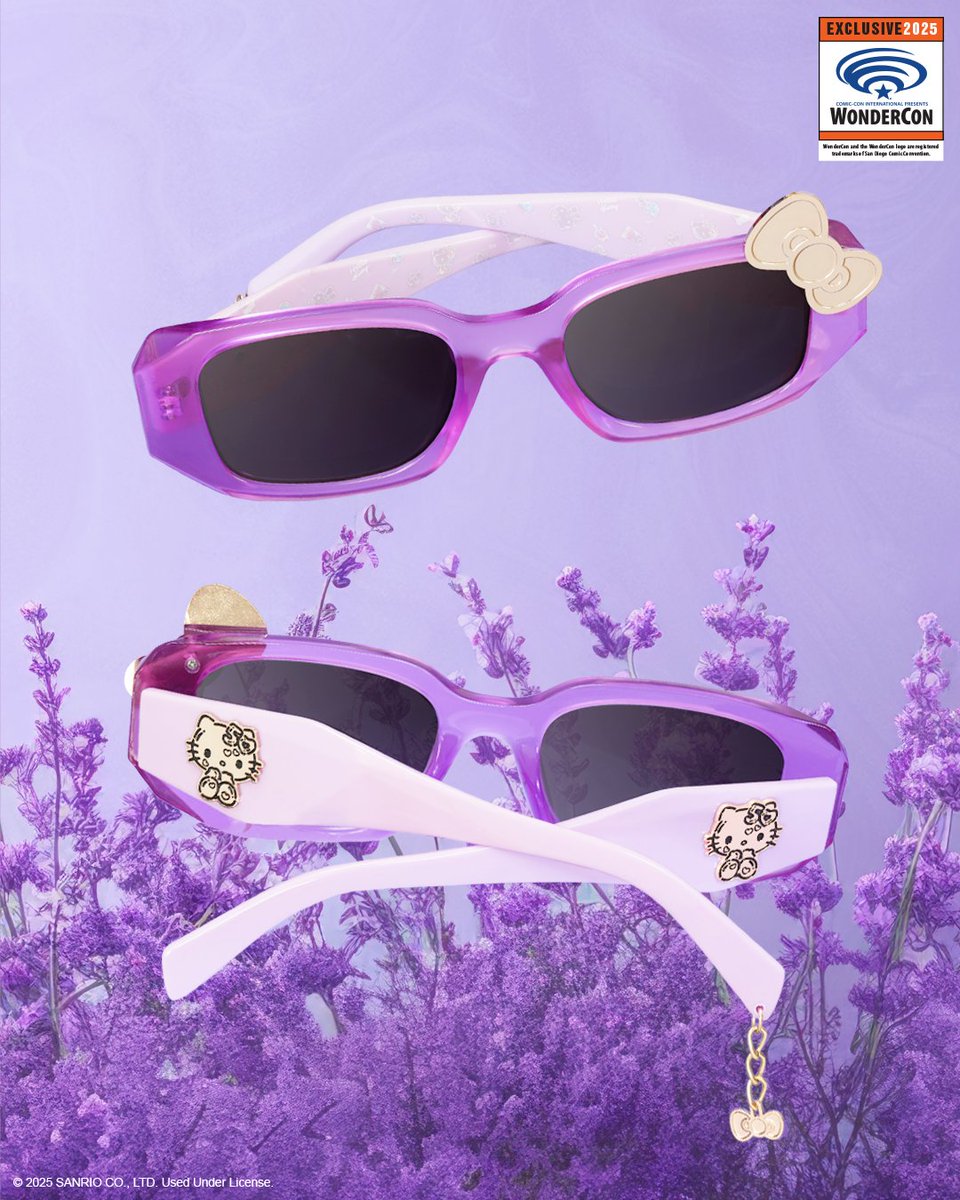 officialgalaken's tweet photo. Here she is... Lavender Wishes!💜✨ Our limited edition Hello Kitty 50th Anniversary sunglasses are here for WonderCon! Only 300 pairs available, $30 each! Stop by Booth #925 to snag yours &amp; make your WonderCon unforgettable! 🪻🌠 #WonderCon #WonderConExclusive #Galaken https://t.co/CB1CitxTlv