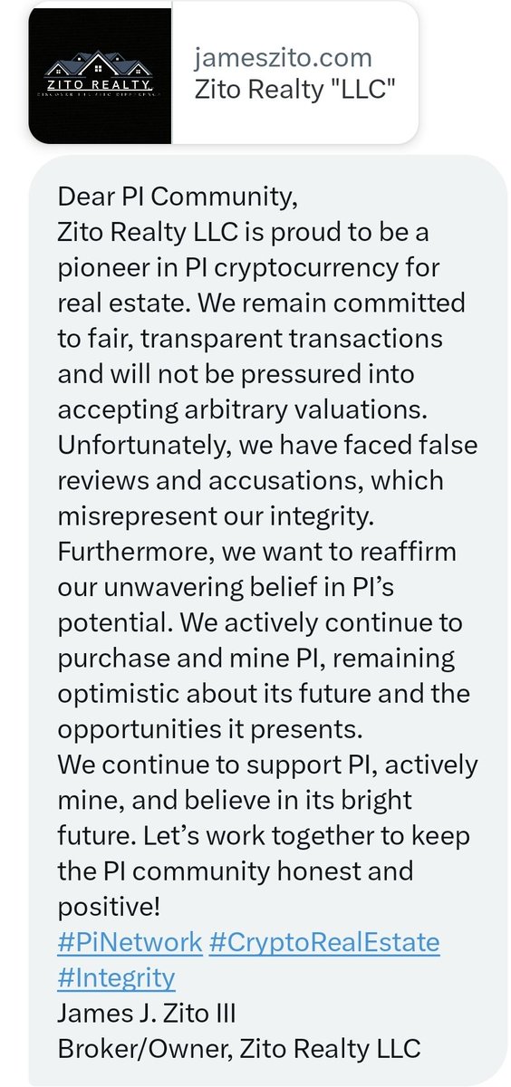 Dr_Picoin's tweet photo. The Pi community needs to show more loyalty and support to our Pi businesses!

Right now, the Pi price isn't great, and its volatility will continue to affect these businesses until it stabilizes.

Let’s stand by and support our fellow Pi businesses that have been working hard alongside us for years, like Zito Realty LLC @JAMESZITO