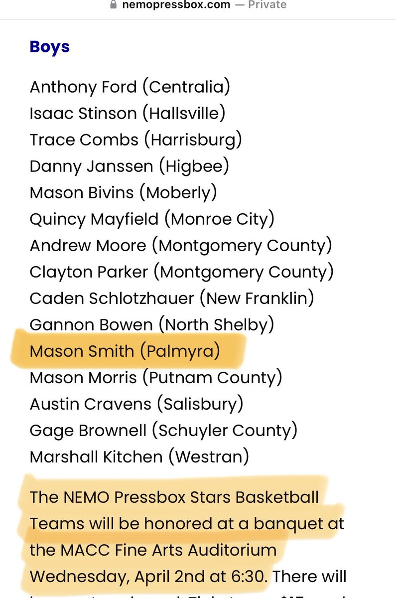 Congrats to (Sr.) Mason Smith and the rest of the players selected to the NEMO Pressbox Star Basketball Team. 🏀