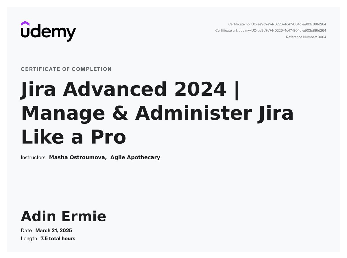 Just completed the "Jira Advanced 2024 | Manage &amp; Administer Jira Like a Pro" <a href="/udemy/">Udemy</a> course by Masha Ostroumova
- udemy.com/certificate/UC…

#LifeLongLearning #Jira #JSM #Agile