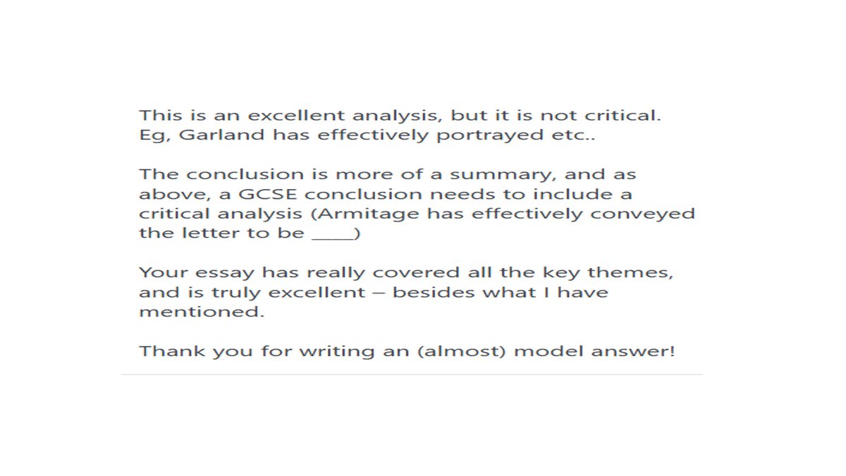 This was a comment a blog I shared . I share freely &amp; there is more than one way to be critical (I also never claim my work is top grades) Lots of positivity, but an  'I can do better' attitude imo. Ps, I teach them to summarise as a conclusion for time! @team_english1 thoughts?
