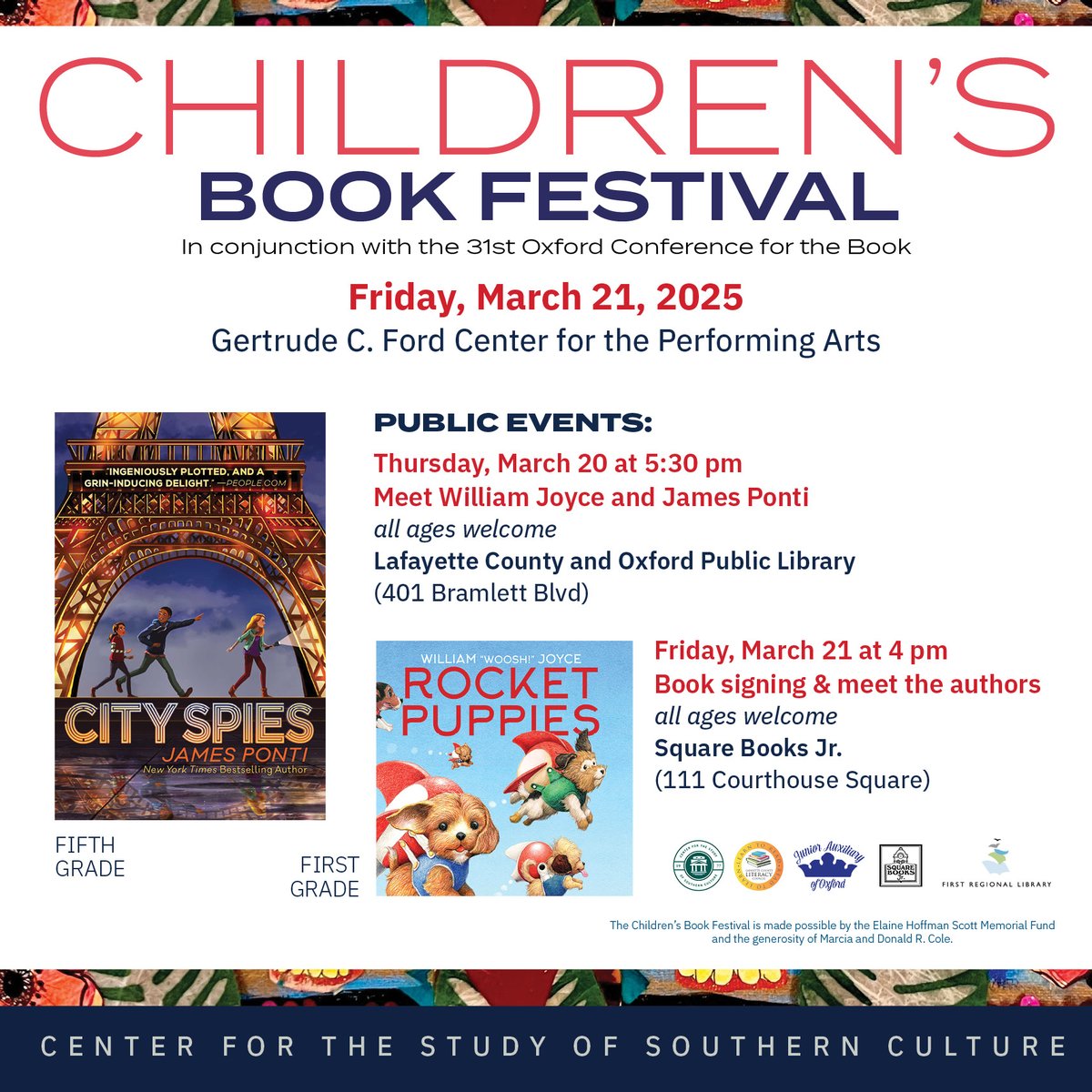 What an amazing day at the Ford Center for the Children's Book Festival! More than 1,200 area first-graders and fifth-graders from schools in Lafayette County and Oxford had the opportunity to see authors <a href="/heybilljoyce/">William Joyce</a> and <a href="/JamesPonti/">James Ponti</a>.