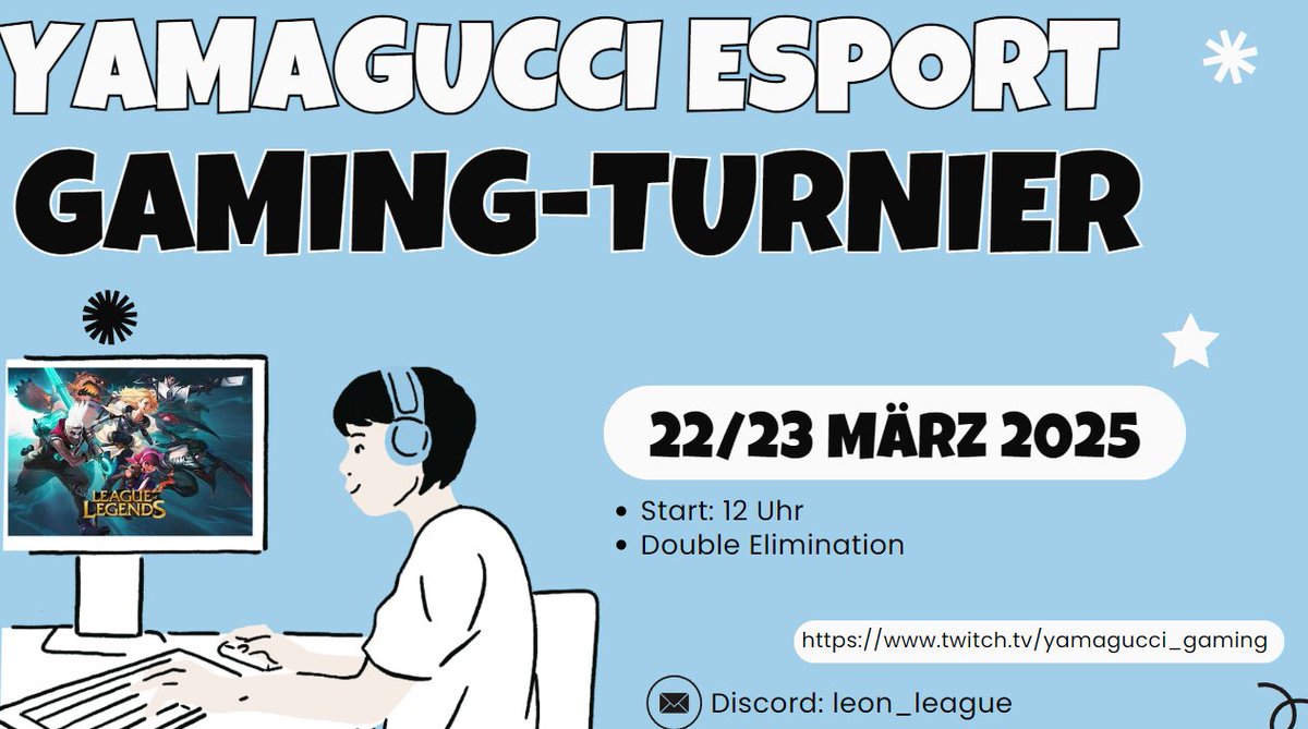 🎉 Unser erstes League of Legends Turnier steht vor der Tür! 🏆🔥

Die Teams sind bereit, die Spannung steigt – wer wird den Sieg holen? 👀💥

📅 Datum/Uhrzeit: [22/23 März um 12 Uhr!]
📍 Online auf Twitch! 
Freut euch auf epische Matches und packende Action! 💪🎮 #LoL #Esports