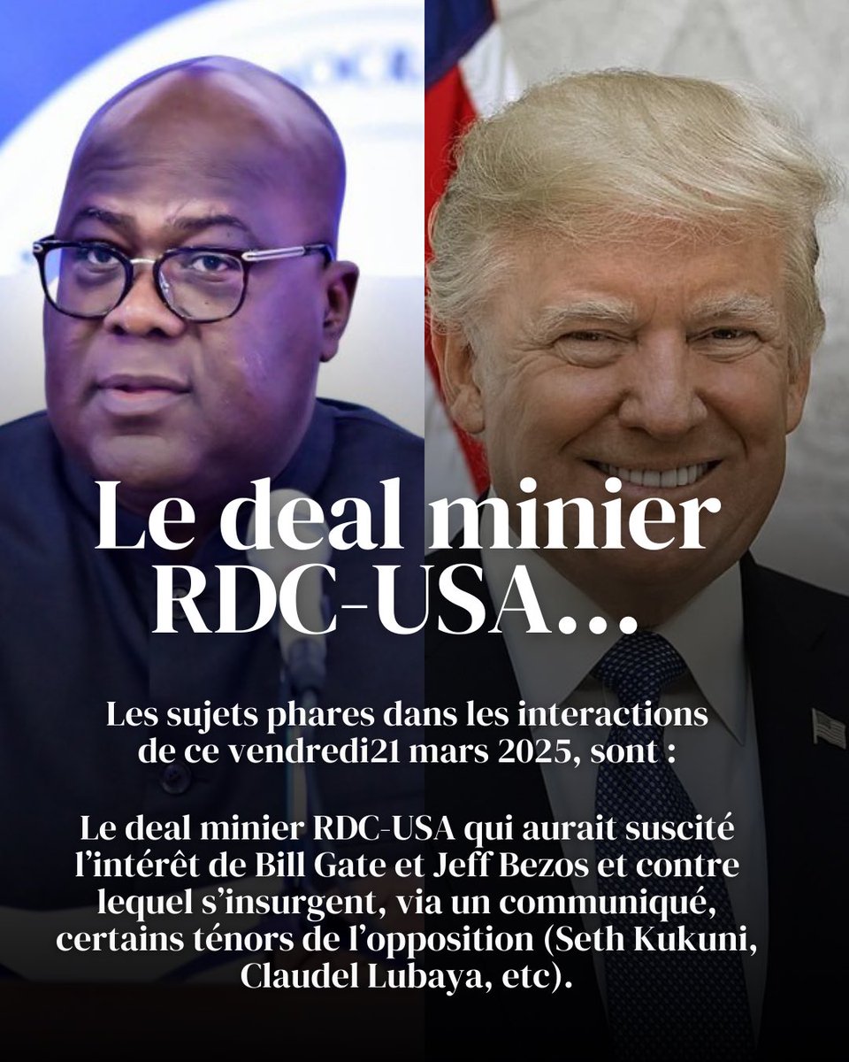 Le Deal Minier RDC-USA

Daily report 

<a href="/BelgiqueRDCongo/">Belgique en RDCongo</a> <a href="/NadegeMututi/">Nadege Mututi web’s boy</a> <a href="/KimKimuntu/">Paulette Kimuntu Kim</a> <a href="/UEenRDC/">UE en RDC🇪🇺</a>