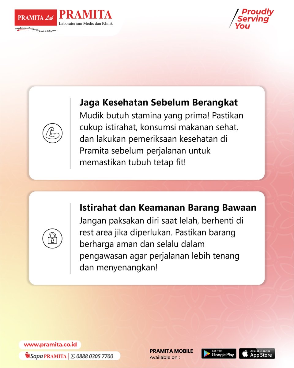pramitalab_id's tweet image. Mudik Lebaran bisa berjalan lancar dengan persiapan yang matang. Pastikan kendaraan dalam kondisi baik, pantau arus lalu lintas, serta gunakan peta online untuk mencari jalur alternatif. 

#Mudik #Lebaran2024 #TipsMudik #AmanDiJalan #PerjalananNyaman #CekKendaraan