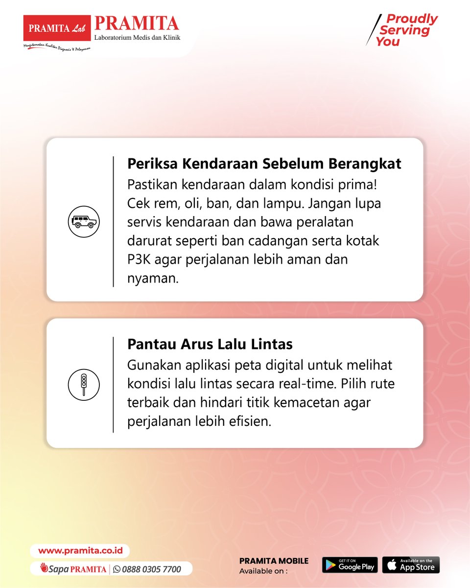 pramitalab_id's tweet image. Mudik Lebaran bisa berjalan lancar dengan persiapan yang matang. Pastikan kendaraan dalam kondisi baik, pantau arus lalu lintas, serta gunakan peta online untuk mencari jalur alternatif. 

#Mudik #Lebaran2024 #TipsMudik #AmanDiJalan #PerjalananNyaman #CekKendaraan