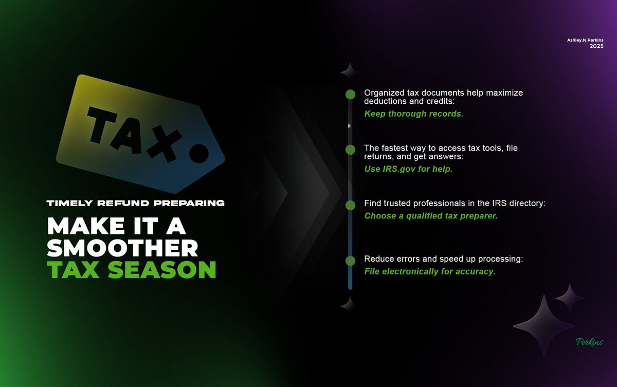 AshleyNPerkins2's tweet image. Simplify Tax Season with These Pro Tips!

A smooth tax filing process starts with the right preparation. Plan ahead now to save time!

#TaxTips #SmartFiling #IRS #FinancialPlanning