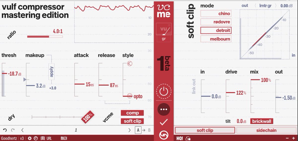 発表されてから大分時間が経って忘れていたVulf Compressor Mastering Editionのベータ版が来てたからお試し。マスタリングエディションだけどドラムバスを叩くのに楽しいやつだ！オリジナルのVulfCompは周波数特性が変わっちゃうのが苦手でパスしてたけど、これはフラットのままなので使いやすい。